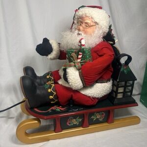 Vintage Christmas Holiday Creations Animated Santa Sleigh Toy Bag Lit Lantern